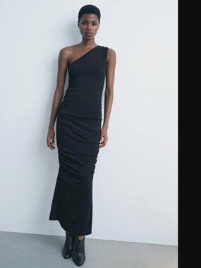 ZARA ZW COLLECTION Women Black Ruched One-Shoulder Midi Dress Size L NWOT